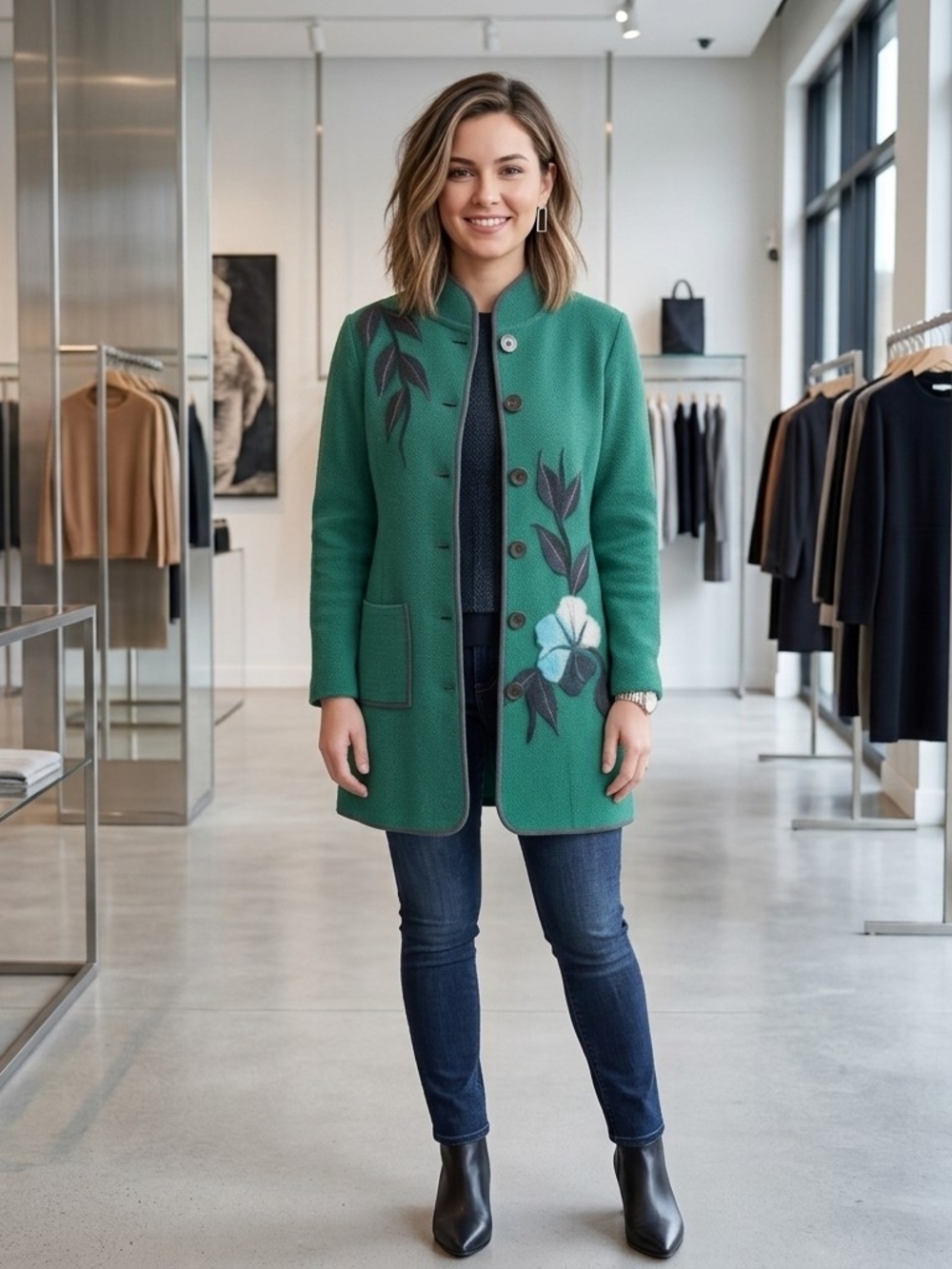 Green Floral-Appliqué Women's Cardigan Jacket